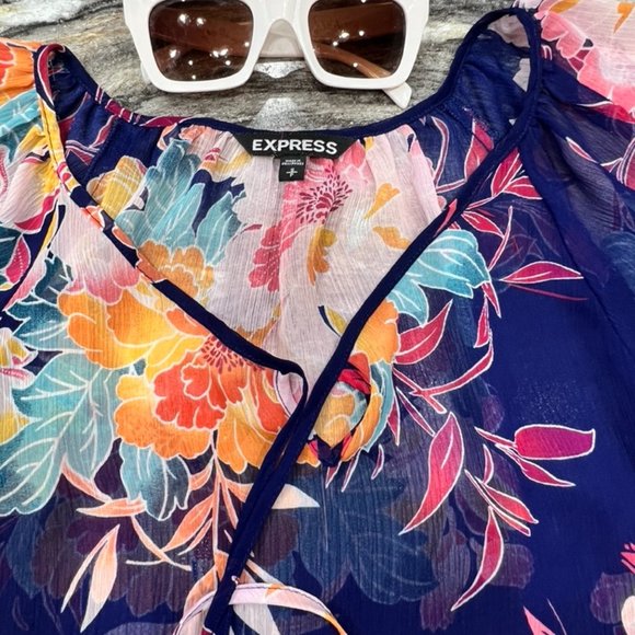 Express Women's Navy & Melon Floral Colorful Sheer Pullover Top S - Picture 6 of 6